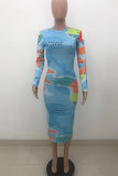 Multicolor Fashion Casual Print Basic O Neck Long Sleeve Dresses