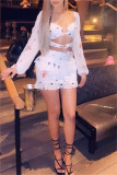 White Fashion Sexy Print Bandage Backless Square Collar Long Sleeve Two Pieces
