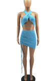 Blue Sexy Solid Bandage Split Joint Draw String Fold Halter Sleeveless Two Pieces