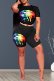 Black Casual Print Patchwork O Neck Short Sleeve Two Pieces