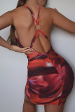 Red Sexy Print Hollowed Out Halter Pencil Skirt Dresses