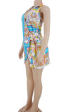 Sky Blue Sexy Print Bandage Patchwork Asymmetrical V Neck Mini Dress Dresses