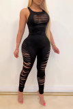 Black Sexy Solid Ripped Square Collar Skinny Jumpsuits