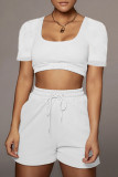White Casual Solid Patchwork U Neck Short Sleeve Two Pieces