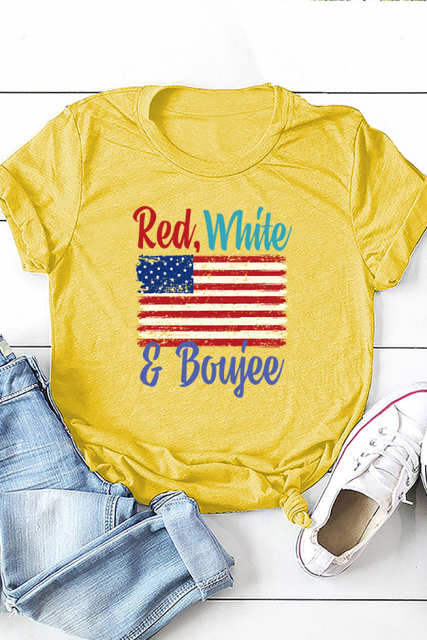 Yellow Casual Print Patchwork O Neck T-Shirts