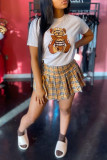 Yellow Fashion Casual Print Basic O Neck Short Sleeve Two Pieces
