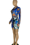 Multicolor Casual Print Patchwork Buckle Turndown Collar Shirt Dress Dresses