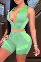 Green Sexy Color Block Split Joint Zipper Collar Sleeveless Two Pieces