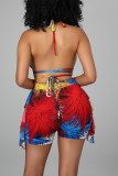 Colour Sexy Print Patchwork Cold Shoulder Sleeveless Two Pieces
