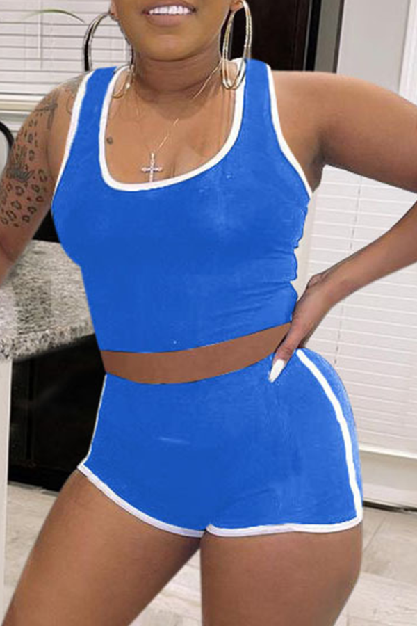 Blue Casual Solid Patchwork U Neck Sleeveless Two Pieces