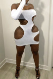 White Fashion Sexy Solid Hollowed Out Fold Strapless Sleeveless Dress
