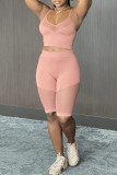 Pink Fashion Sexy Solid Patchwork See-through Spaghetti Strap Sleeveless Two Pieces