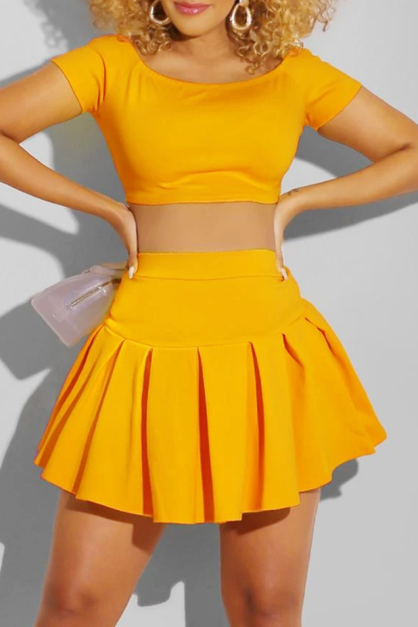 Yellow Casual Solid Patchwork O Neck Short Sleeve Two Pieces