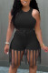 Black Solid Tassel Patchwork O Neck Sleeveless Two Pieces