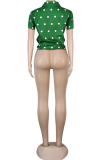 Green Casual Dot Patchwork Turndown Collar Tops