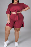 Grey Fashion Casual Solid Slit V Neck Tops Plus Size Two-piece Set