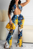 Yellow Fashion Sexy Print Backless Halter Sleeveless Two Pieces