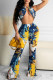 Yellow Fashion Sexy Print Backless Halter Sleeveless Two Pieces