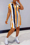 Orange Fashion Casual Striped Print Basic Turndown Collar Shirt Dress