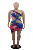Multicolor Fashion Sexy Print Hollowed Out Backless One Shoulder Sleeveless Dress