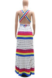 White Sexy Striped Print Polka Dot V Neck A Line Dresses