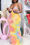 Colour Sexy Patchwork Hollowed Out Tie-dye Spaghetti Strap Pencil Skirt Dresses