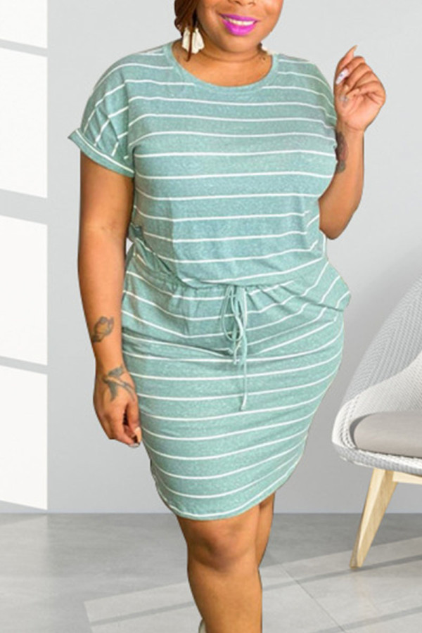 Blue Casual Striped Print Split Joint Frenulum O Neck Short Sleeve Dress Plus Size Dresses
