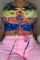 Multicolor Fashion Sexy Print Hollowed Out Strap Design O Neck Tops