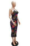 Red Sexy Print Patchwork Spaghetti Strap Pencil Skirt Dresses