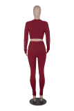 Burgundy Sexy Solid Ripped O Neck Long Sleeve Two Pieces