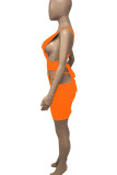 Tangerine Red Sexy Solid Hollowed Out Split Joint Frenulum V Neck Sleeveless Two Pieces