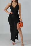 Black Sexy Solid Split Joint Spaghetti Strap Irregular Dress Dresses