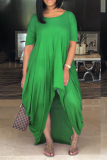 Blue Casual Solid Patchwork O Neck Irregular Dress Dresses