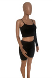 Black Sexy Casual Solid Hollowed Out Backless One Shoulder Sleeveless Two Pieces