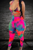 Colour Sexy Patchwork Tie-dye Spaghetti Strap Skinny Jumpsuits