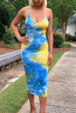 Red Sexy Print Tie Dye Patchwork Spaghetti Strap Pencil Skirt Dresses