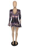 Purple Sexy Print Patchwork V Neck Pencil Skirt Dresses