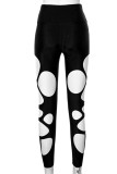 Black Sexy Solid Hollowed Out Patchwork Skinny High Waist Pencil Solid Color Bottoms