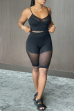 Pink Fashion Sexy Solid Patchwork See-through Spaghetti Strap Sleeveless Two Pieces