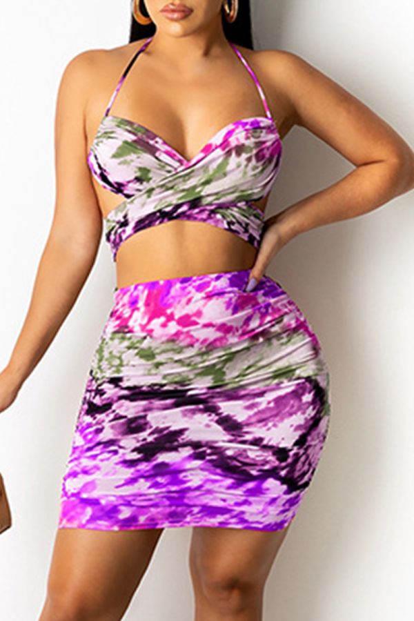 Purple Sexy Print Patchwork Halter Sleeveless Two Pieces