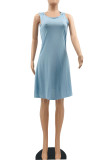 Light Blue Casual Solid Asymmetrical O Neck Asymmetrical Dresses