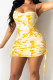 Yellow Sweet Tie Dye Patchwork Draw String Spaghetti Strap Pencil Skirt Dresses