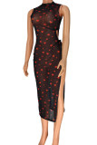Red Sexy Print Bandage Patchwork See-through Half A Turtleneck Straight Dresses