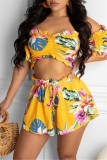 Yellow Fashion Casual Print Backless Off the Shoulder Short Sleeve Two Pieces
