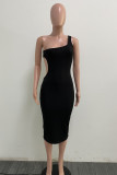 Red Sexy Solid Hollowed Out Patchwork Oblique Collar Pencil Skirt Dresses