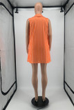 Orange Fashion Casual Striped Print Cardigan Sleeveless Two Pieces