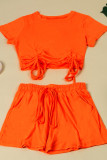 Orange Fashion Casual Solid Bandage O Neck Short Sleeve Two Pieces