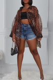 Coffee Fashion Casual Print Leopard Cardigan Turndown Collar Outerwear