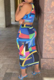 Blue Fashion Sexy Print Draw String V Neck Sleeveless Two Pieces