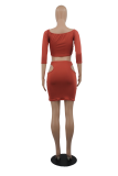Dark Brown Sexy Solid Patchwork Off the Shoulder Three Quarter Two Pieces